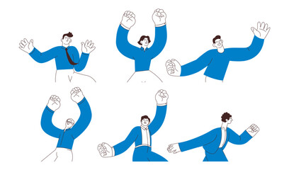 Collection of happy business employee males jumping in the air cheerfully isolated on white background. Black and white modern flat vector illustration. Social media concept.
