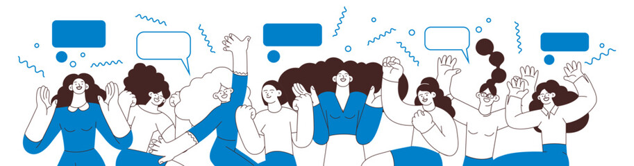 Collection of happy business employee females jumping in the air cheerfully on white background with graphic elements. Black and white modern flat vector illustration. Social media concept.