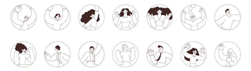 Collection of badges. Happy business employee females and males in circle shapes on white background. Black and white modern flat vector illustration. Social media concept.