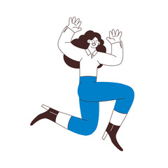 Happy business employee woman jumping in the air cheerfully isolated on white background. Black and white modern flat vector illustration. Social media concept.