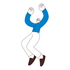 Happy business employee man jumping in the air cheerfully isolated on white background. Black and white modern flat vector illustration. Social media concept.