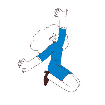Happy business employee woman jumping in the air cheerfully isolated on white background. Black and white modern flat vector illustration. Social media concept.