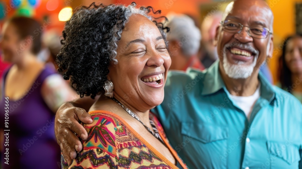 Wall mural a cheerful couple enjoys dancing at a lively event surrounded by friends and music