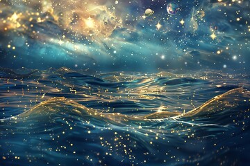 A cosmic ocean with waves made of stardust, celestial bodies floating above, ethereal and peaceful, deep blue and gold tones, sparkling reflections on the water's surface