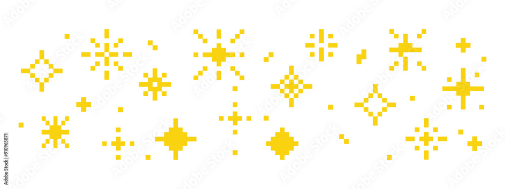 Sticker pixel star retro 8 bit sparkle border seamless frame. shiny game pixel art effect set. firework burs