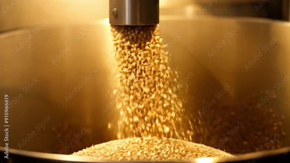 Poster This Grains are flowing into a container from a dispensing machine.