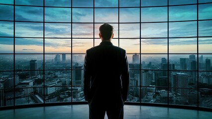 Fototapeta premium Businessman in Skyscraper Office Watching City at Sunset