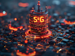 Futuristic Cityscape at Night With Focus on Illuminated 5G Tower and Surrounding Skyscrapers