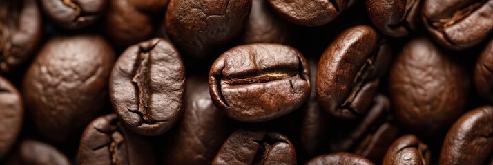 Fototapeta premium Detailed close-up of glossy roasted coffee beans with visible cracks, highlighting the intricate textures and rich brown color of the beans.