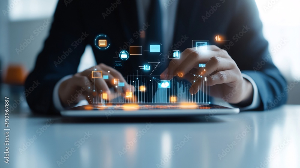 Poster a close-up of a businessman analyzing data on a tablet, with digital icons representing technology s