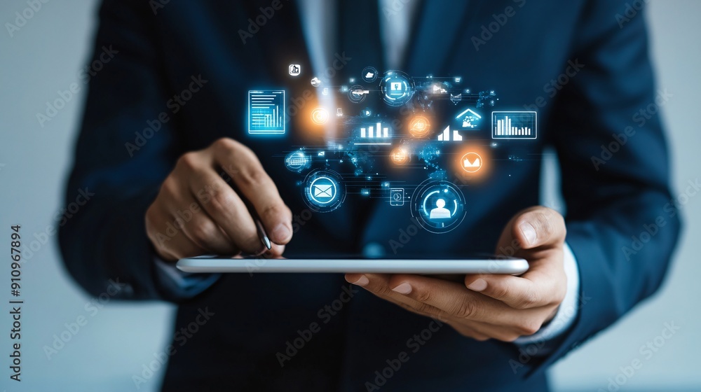 Aufkleber a close-up of a businessman analyzing data on a tablet, with digital icons representing technology s