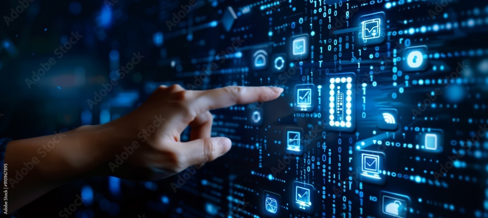 Wall mural digital technology illustration of global network concept with icons and globe internet network conn