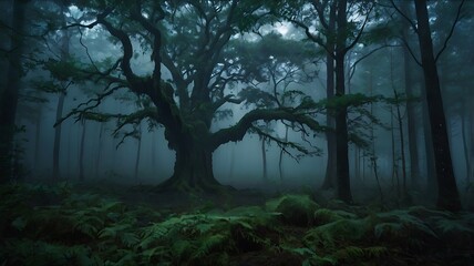 Naklejka premium Lonely tree in a wide landscape in the middle of dusk and dark forest full of old trees in a blue dark theme