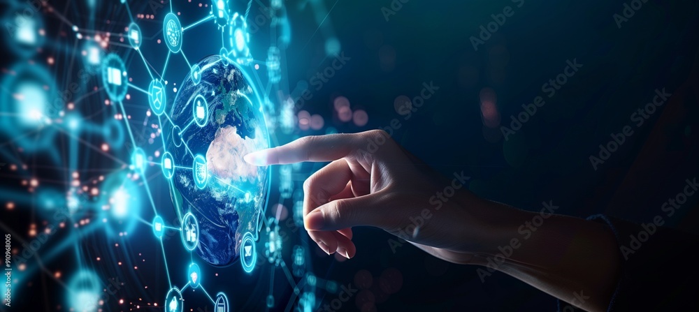 Wall mural digital technology illustration of global network concept with icons and globe internet network conn