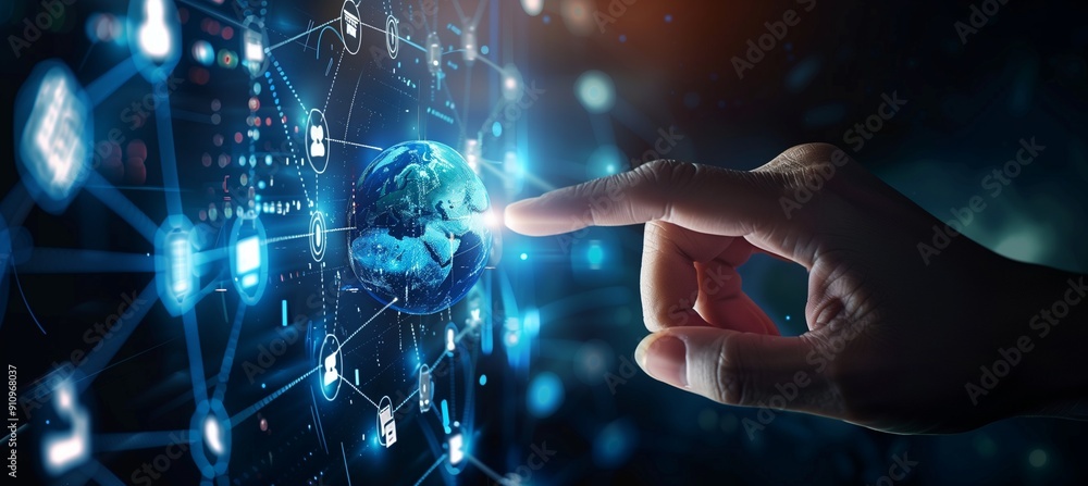 Wall mural digital technology illustration of global network concept with icons and globe internet network conn