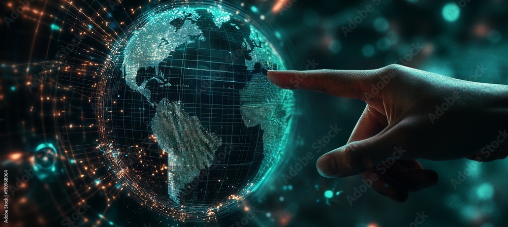 Wall mural digital technology illustration of global network concept with icons and globe internet network conn