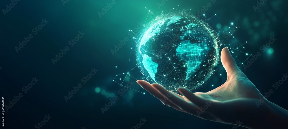 Wall mural digital technology illustration of global network concept with icons and globe internet network conn