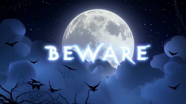 The word "BEWARE" is illuminated in a glowing white font against a dark, starry sky with a full moon. Bats and cobwebs add a spooky, atmospheric touch to the scene