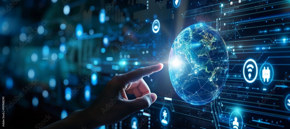 Wall mural digital technology illustration of global network concept with icons and globe internet network conn