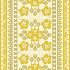 Damask ikat seamless pattern with yellow flowers