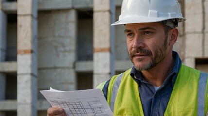 Foreman looking at blueprint at a construction