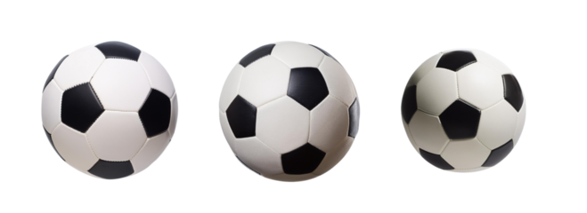 Three black and white soccer balls isolated on white background. Perfect for sports and recreation themes in various visual projects.
