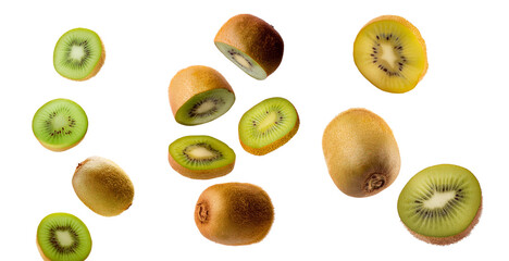 Fototapeta premium A vibrant collection of whole and sliced kiwis showcasing the fruit's textured skin and vivid green interior against a white background.