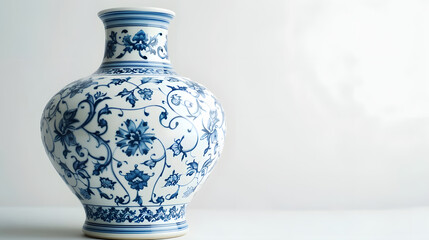 Antique white and blue vase on white background vintage home decor with copy space