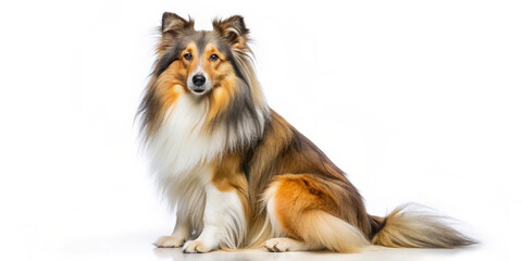 A bundle of images featuring a Shetland Sheepdog in various poses: a detailed portrait, standing, and sitting. The dog's long, flowing fur and alert expression are beautifully captured
