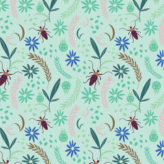 Ladybug and leaves seamless pattern. Seamless pattern with moth and flower in hand-drawn style. Summer pattern background