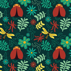 Hand drawn insects and flowers pattern seamless vector for textile and home decor
