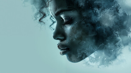 Profile of woman's face dissolving into smoky effect. Evocative digital artwork portraying tears and melancholy. Concept of sadness, introspection, and emotional turmoil.