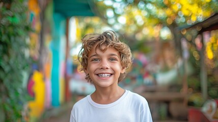 A cheerful young boy with curly hair and braces smiles brightly in a vibrant summer garden.
