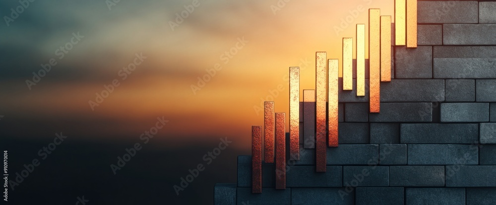 Poster abstract business trend graph with currency shadows, broad copy space, sunlit setting