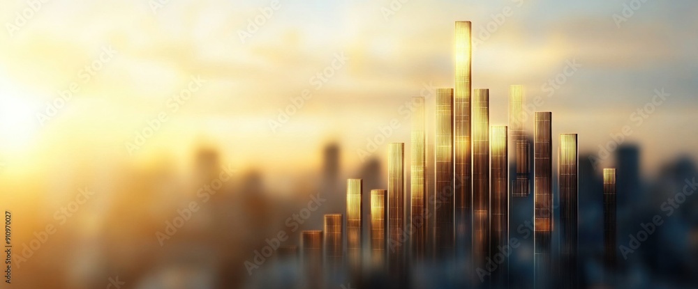 Poster abstract business trend graph with currency shadows, broad copy space, sunlit setting