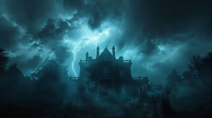Naklejka premium Dramatic stormy night with flashes of lightning highlighting a haunted house silhouette, adding an eerie touch.