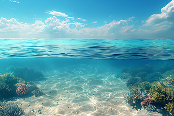 Fototapeta premium Tropical ocean with blue water and sandy seabed, gentle waves, colorful coral, front view, showcasing natural oceanic tranquility, advanced tone, Analogous Color Scheme