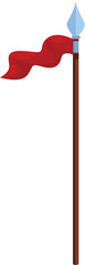 Silver spear point is sitting atop a long pole with a red flag waving