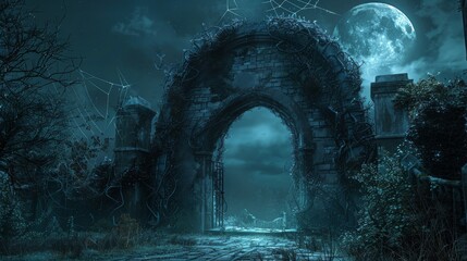 Fototapeta premium Dark gothic archway covered in twisting vines and spiderwebs, bathed in moonlight, evoking a hauntingly spooky entrance.