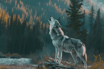 A serene image of a grey wolf howling at the moon in a remote wilderness area