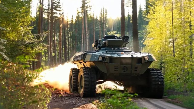 Autonomous armored vehicle - a small armored vehicle that can be controlled remotely. Install machine guns and CCTV cameras. moving through the forest