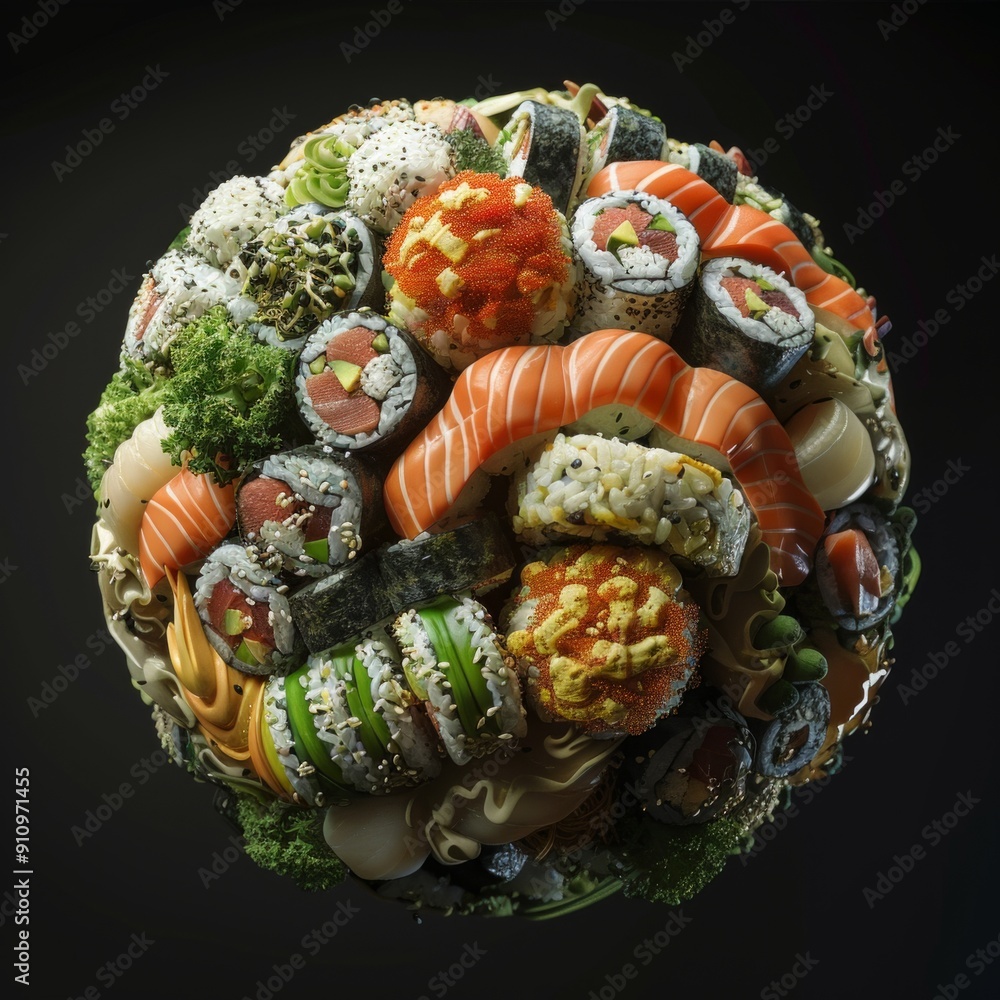 Sticker Round sushi platter against black background. Vibrant sushi selection displaying assorted rolls and fish slices. Perfect for food blogs, menus, or culinary sites. Rich colors and textures. AI