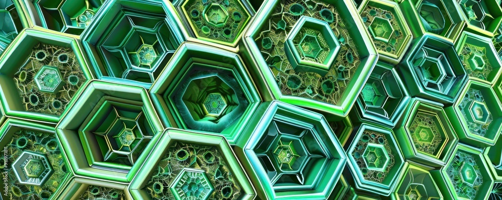 Fototapete a detailed pattern of interconnected hexagons with intricate internal designs, rendered in vibrant g