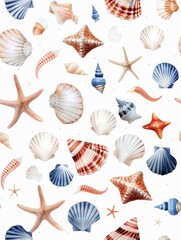 Nautical-themed seamless watercolor pattern featuring seashells and marine elements, capturing the essence of oceanic beauty and coastal charm in vibrant hues.