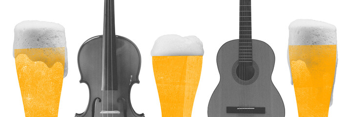 Banner. Contemporary art collage. Beer glasses combined with violin and guitar, creating visual symphony, merges enjoyment of music and beverages. Concept of music, traditions, Oktoberfest. Surreal.