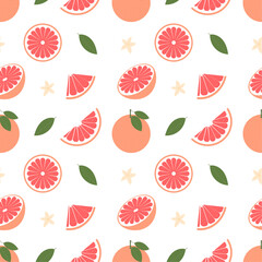Seamless pattern with whole grapefruit and slices. Vector pattern with orange fruit, leaves and flowers on white background.
