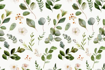 Seamless watercolor pattern featuring delicate greens and wildflowers, capturing the essence of botanical herbs with a fresh and natural aesthetic.