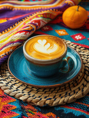 Cafe con leche in colorful cup, Hispanic heritage, traditional coffee photo