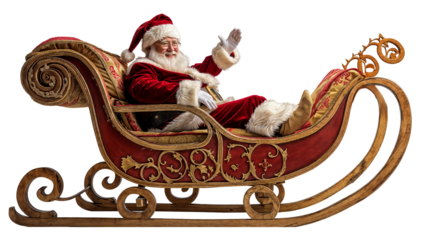 Majestic Santa Claus Waving from His Ornate Golden Sleigh, Perfect for Christmas Holiday Event Promotions and Greeting Cards