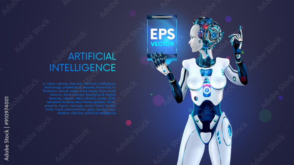 Poster AI or artificial intelligence in the form of humanoid female robot holds an empty poster or screen template in hands. Ai robot presents business report. Robot Speaker presentation about AI. AI chatbot